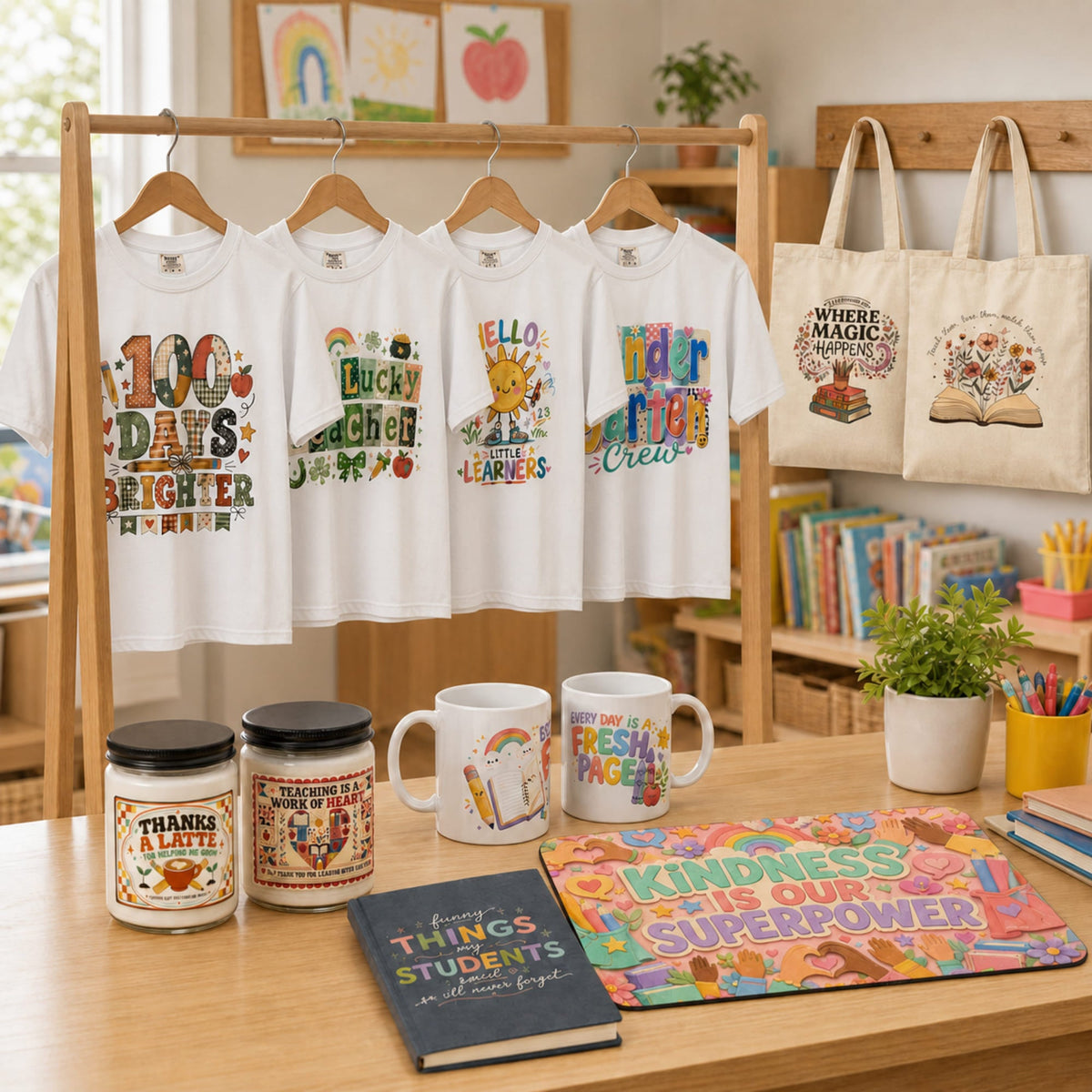 A cheerful kindergarten teacher/classroom collection featuring colorful teacher-themed T-shirts, tote bags, mugs, books, and bright classroom accessories displayed on a wooden rack and desk.