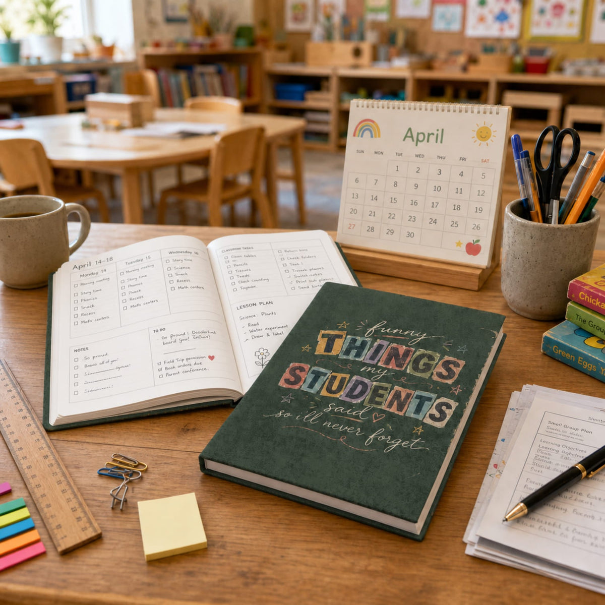 A dark green teacher journal, open lesson planner, and desk calendar arranged on a wooden desk in a warm kindergarten classroom, surrounded by pens, sticky notes, books, a plant, and other teacher essentials.