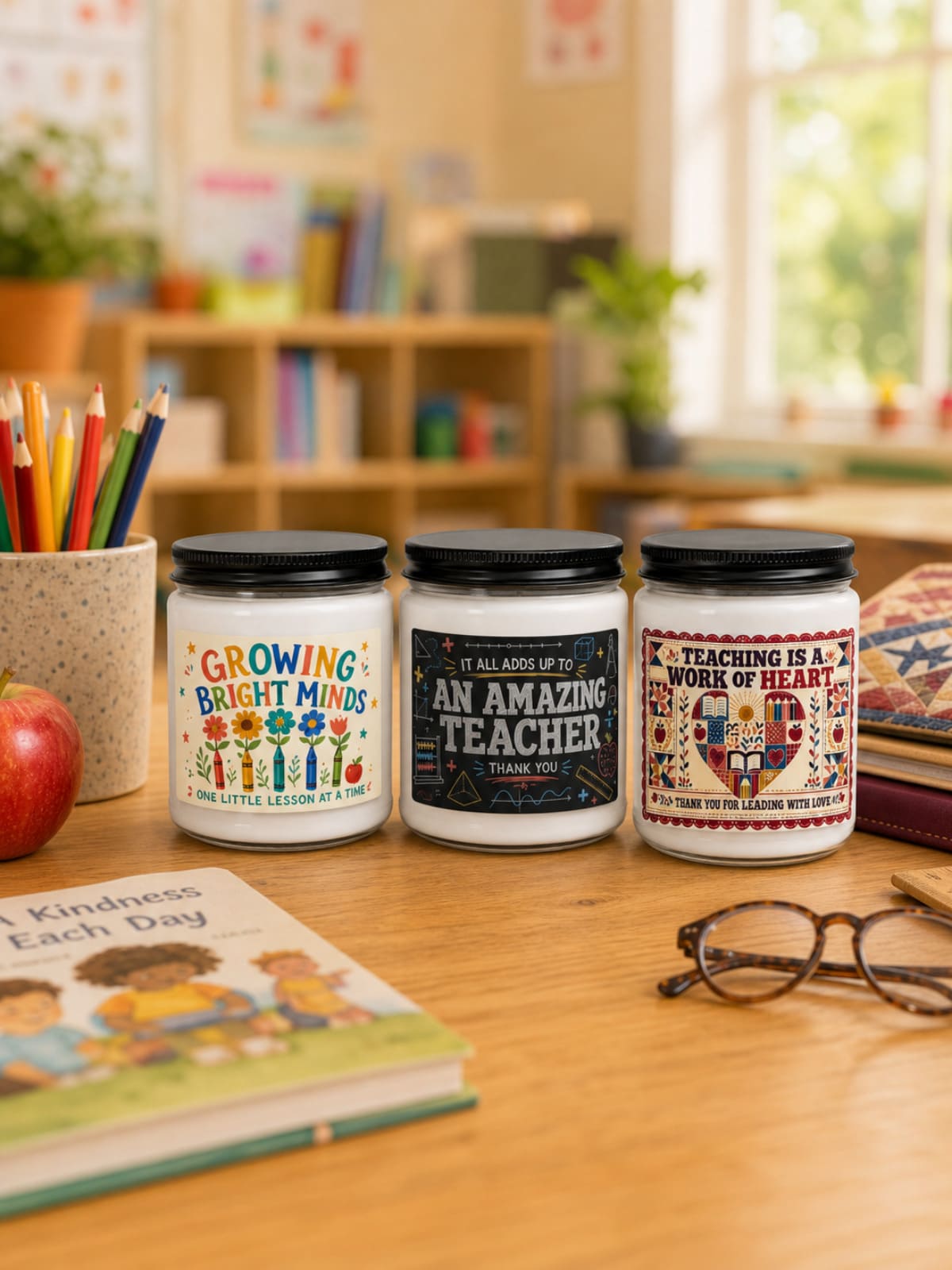 Three teacher appreciation candles with chalkboard and floral designs, displayed on a classroom desk with books and school supplies.
