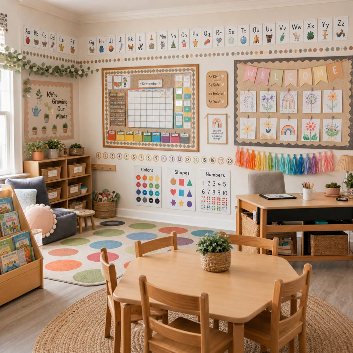 Colorful kindergarten classroom decorated with alphabet and number displays, learning posters, a calendar area, bulletin boards, student artwork, and cheerful educational wall decor.