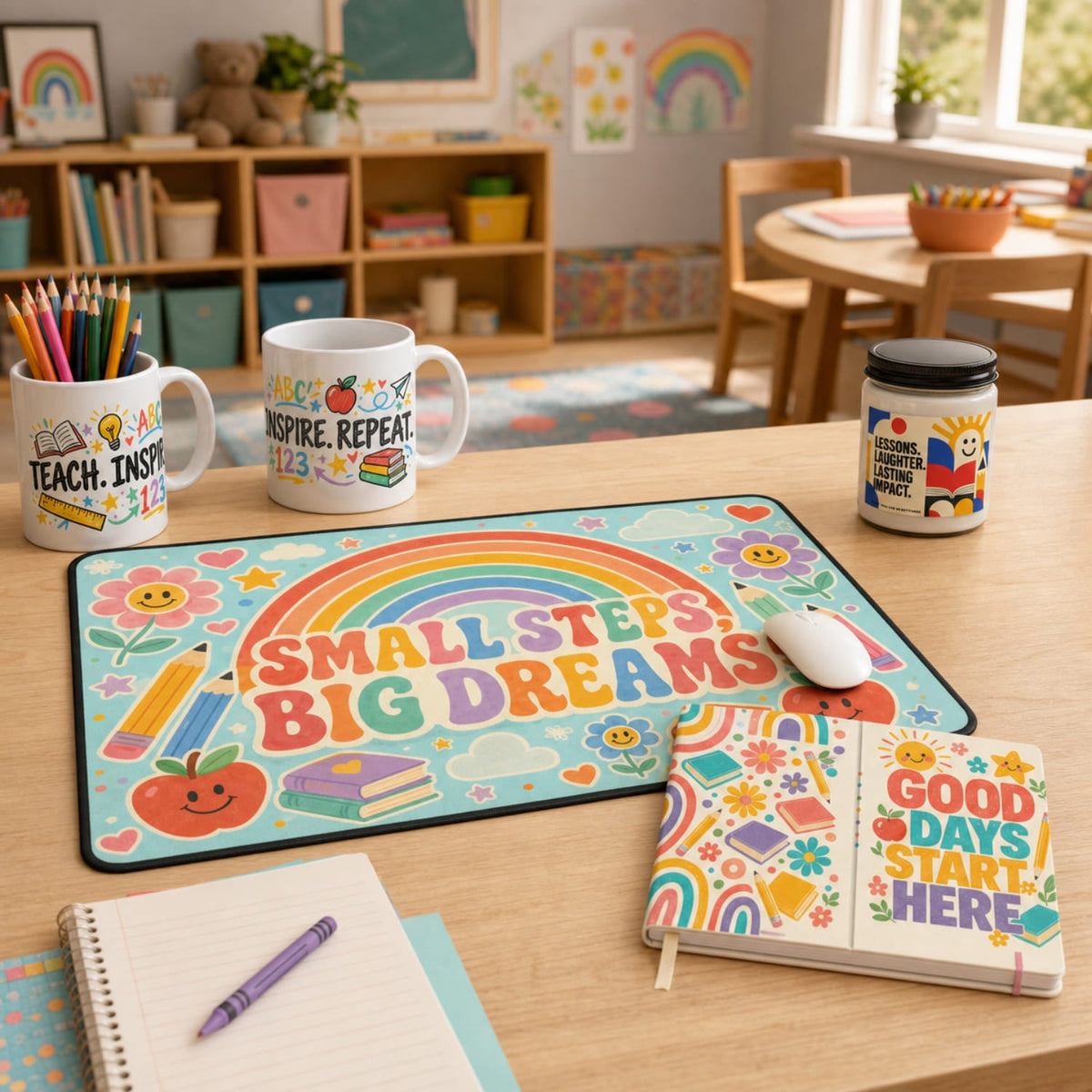 Kindergarten classroom favorites featuring a colorful desk mat, teacher mugs, inspirational journal, and decorative candle on a teacher's desk