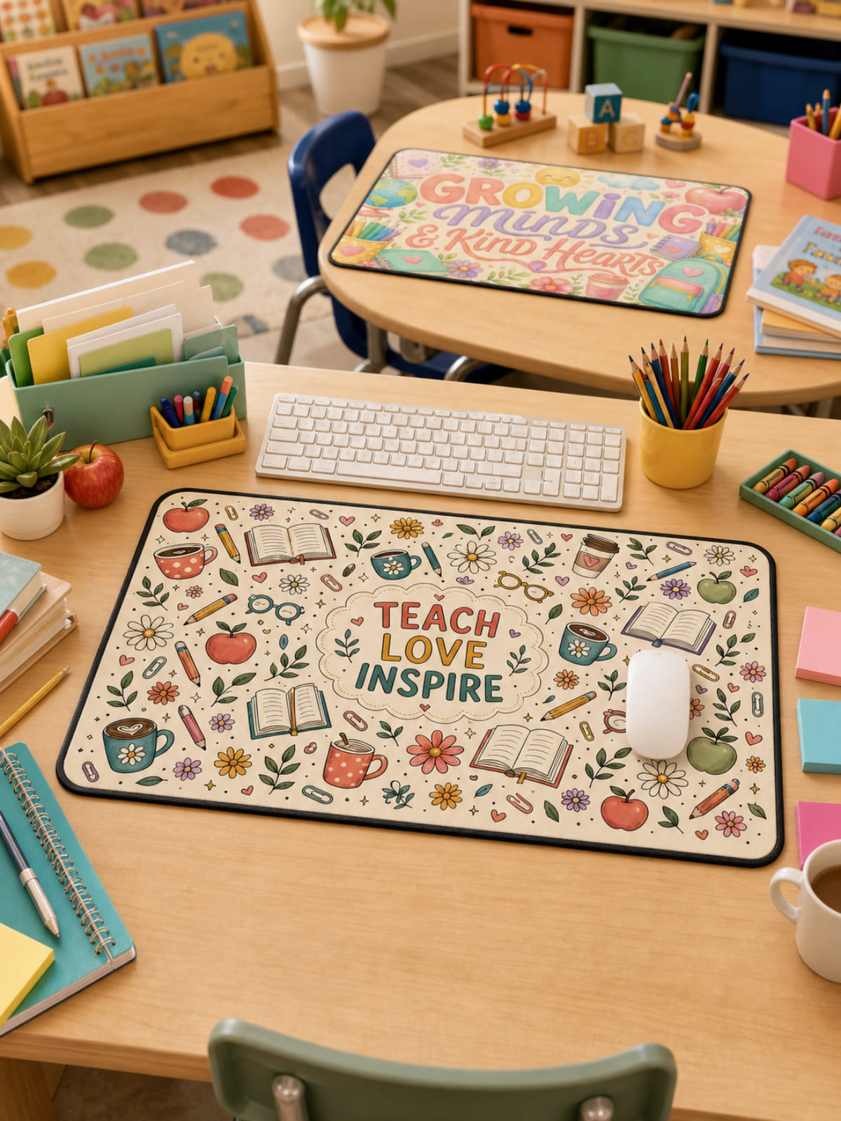 Colorful teacher desk mats with books, pencils, coffee, and classroom-inspired designs on a wooden desk