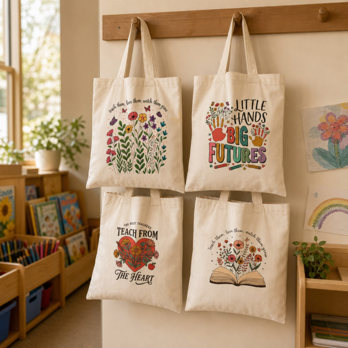 Kindergarten teacher tote bags with colorful classroom designs, flowers, handprints, and inspirational teacher quotes