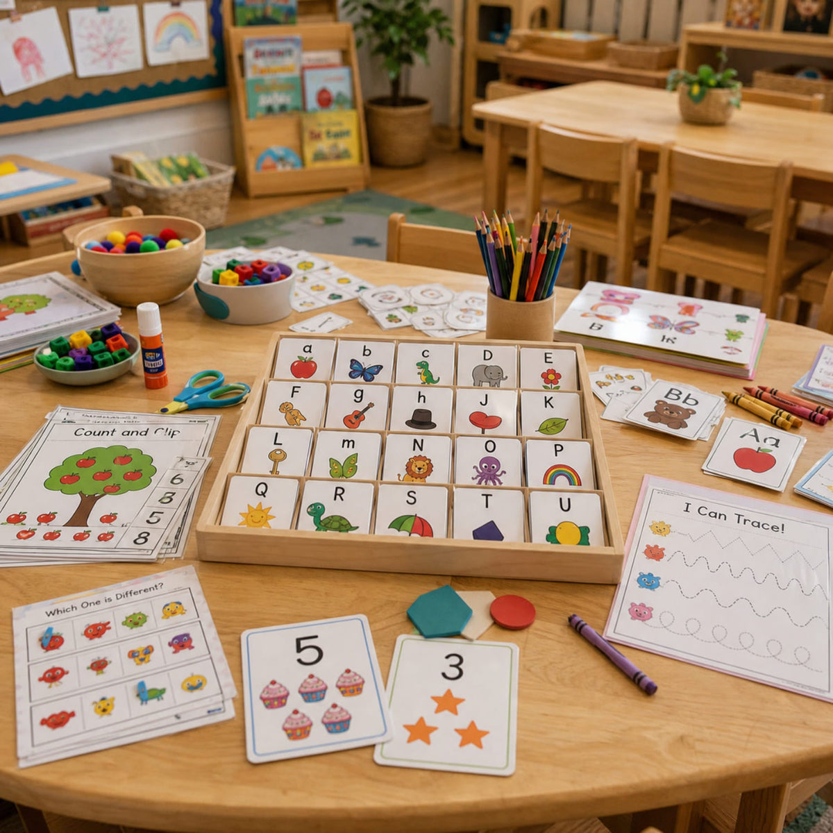Kindergarten classroom activity materials arranged on a wooden table, including alphabet and picture cards, counting activities, worksheets, crayons, pencils, and hands-on learning materials in a colorful classroom setting.
