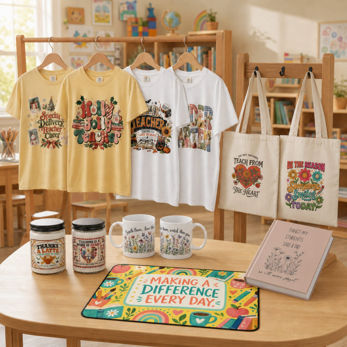 Kindergarten teacher best sellers with graphic T-shirts, tote bags, mugs, candles, journal and desk mat