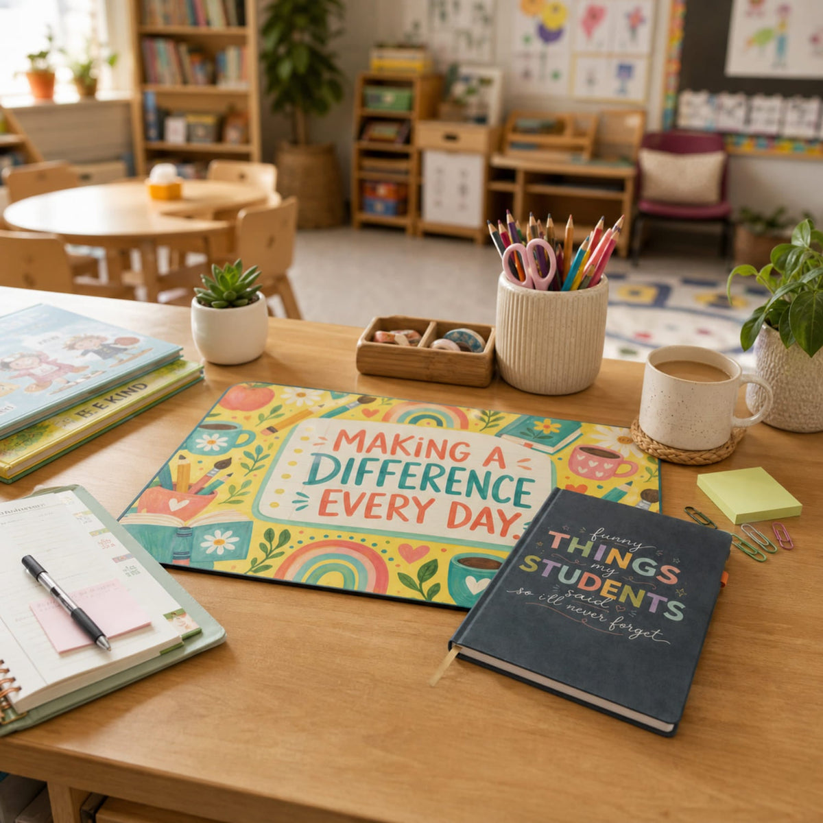 A colorful teacher desk mat and inspirational journal displayed on a wooden desk in a warm, cozy kindergarten classroom, surrounded by a planner, books, pens, scissors, sticky notes, a coffee mug, and small plants.