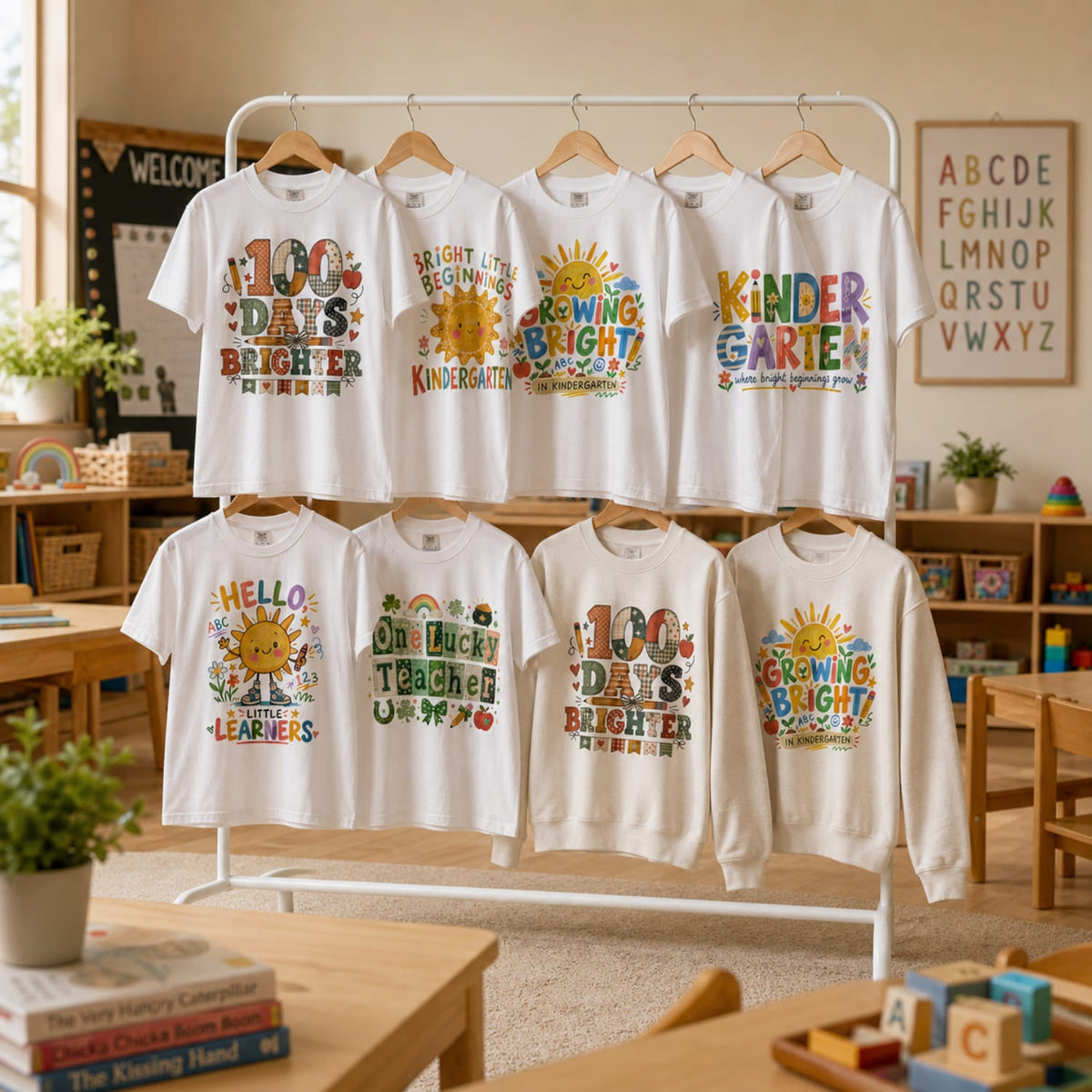 Teacher apparel collection with graphic T-shirts and sweaters displayed in a cozy kindergarten classroom