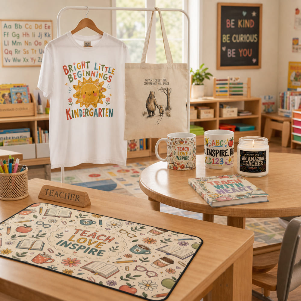 Teacher gifts collection featuring a kindergarten teacher T-shirt, tote bag, mugs, candle, journal, and colorful teacher desk mat
