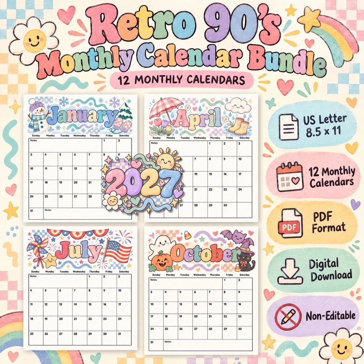 2027 Retro ’90s Printable Calendar Bundle | 12 Seasonal Monthly Calendars