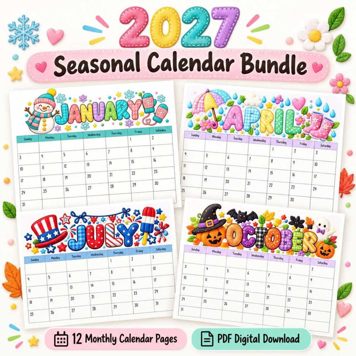 2027 Seasonal Classroom Calendar Bundle