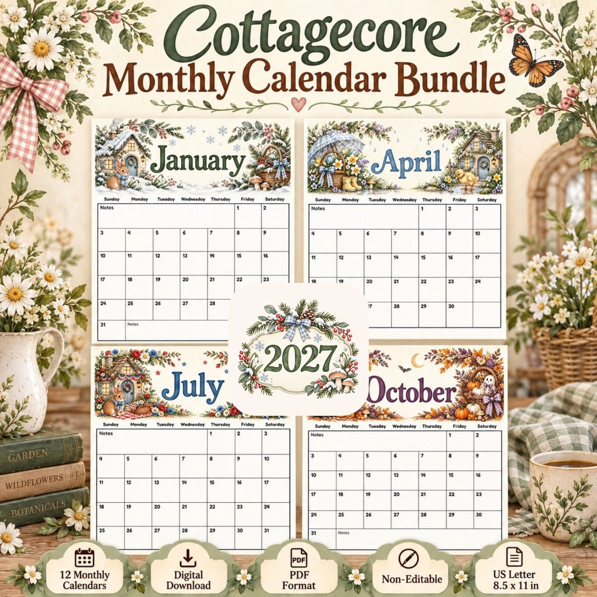 2027 Cottagecore Printable Calendar Bundle | 12 Seasonal Monthly Calendars