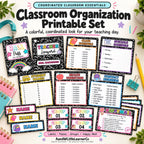 A set of colorful printable classroom organization templates and labels shown on a white background with decorative school-themed props. The set includes a hall pass, teacher lanyard, class schedule, student names, health situation, general numbers, and happy mail labels in black, pink, yellow, blue, and white.