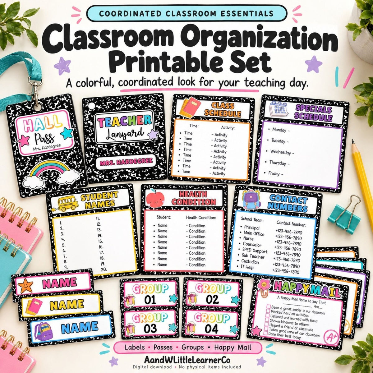 A set of colorful printable classroom organization templates and labels shown on a white background with decorative school-themed props. The set includes a hall pass, teacher lanyard, class schedule, student names, health situation, general numbers, and happy mail labels in black, pink, yellow, blue, and white.
