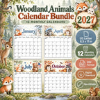 2027 Woodland Animals Printable Calendar Bundle | 12 Monthly Calendars