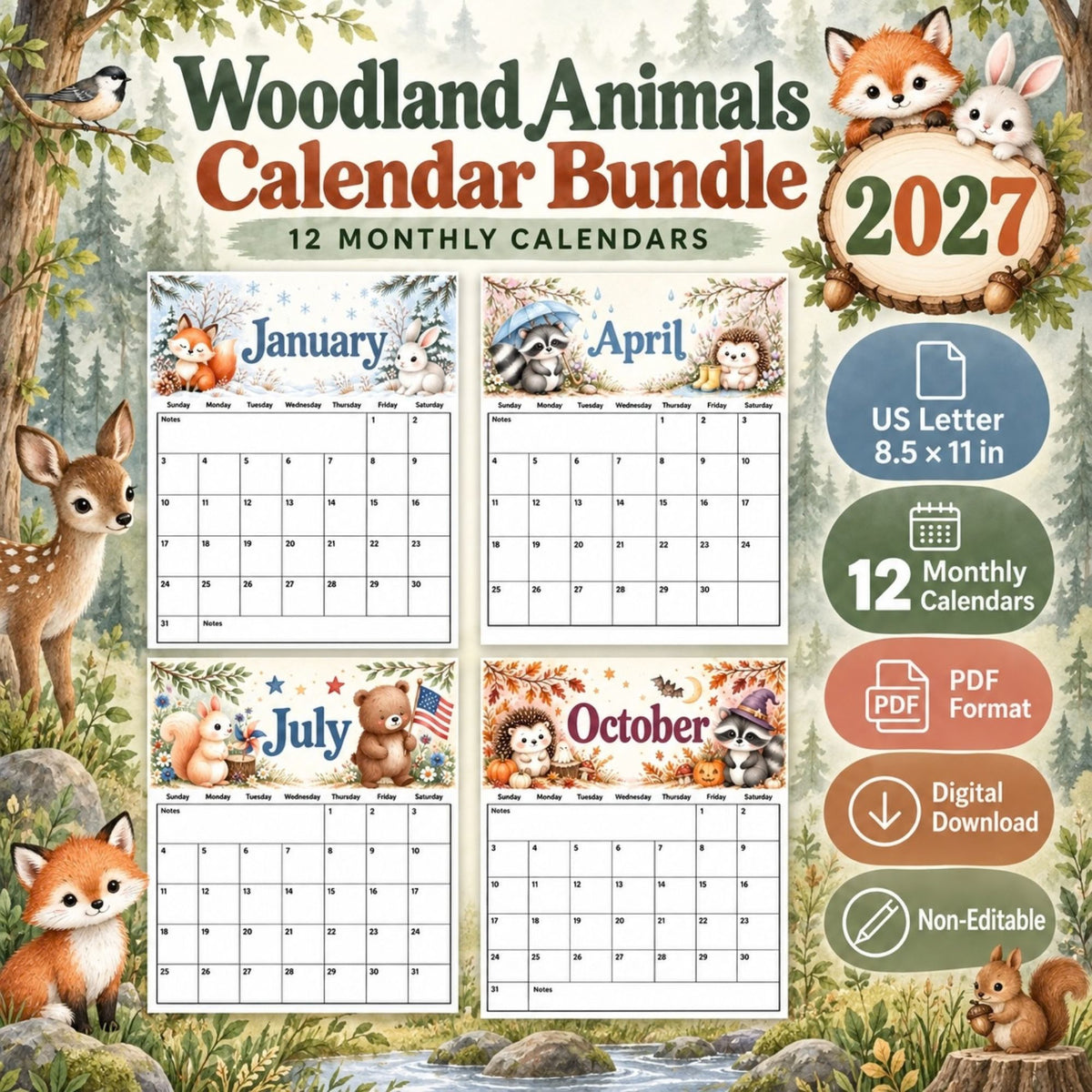 2027 Woodland Animals Printable Calendar Bundle | 12 Monthly Calendars