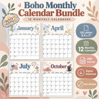 2027 Boho Printable Calendar Bundle | 12 Seasonal Monthly Calendars
