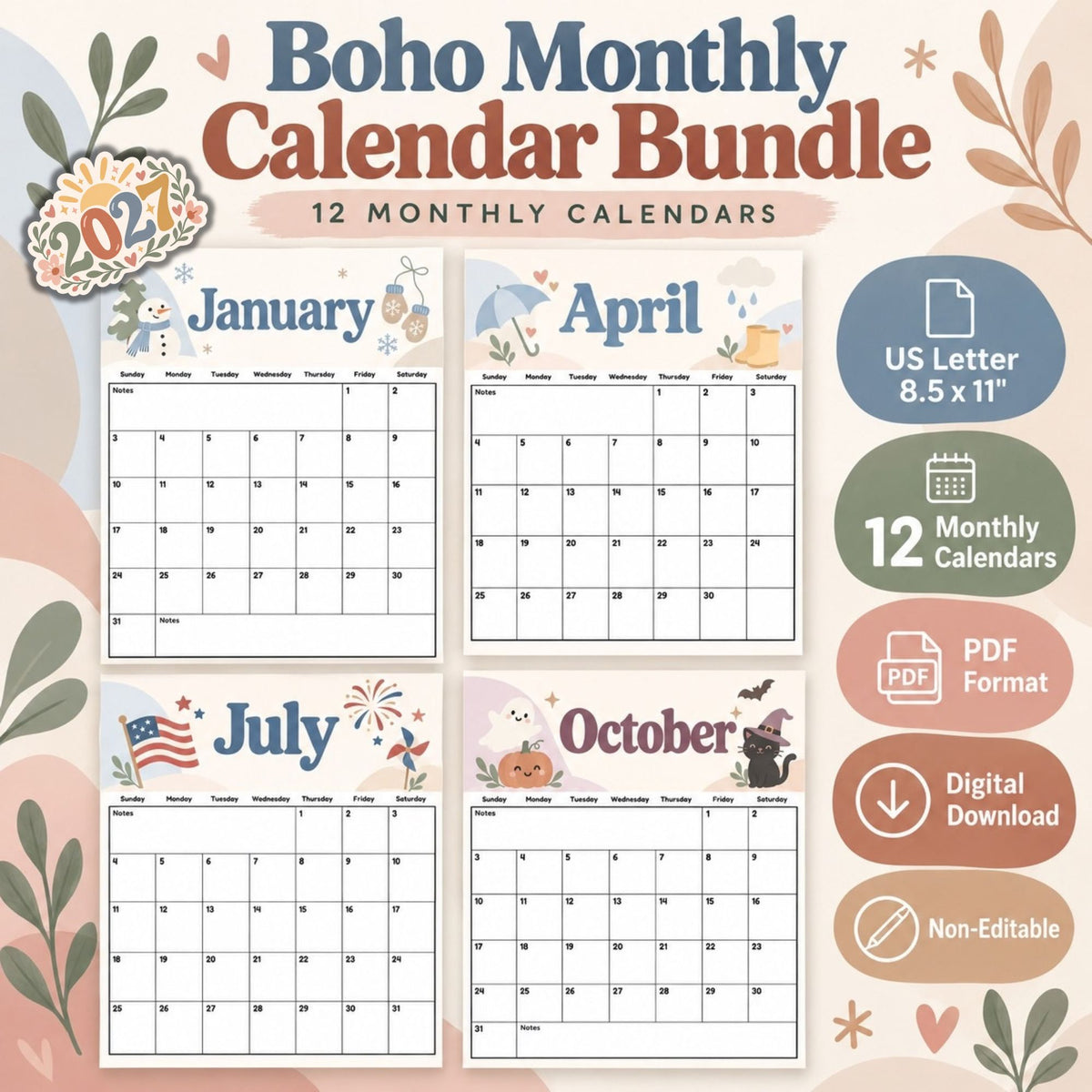 2027 Boho Printable Calendar Bundle | 12 Seasonal Monthly Calendars