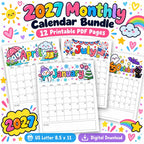 2027 Colorful Printable Calendar Bundle | 12 Seasonal Monthly Calendars