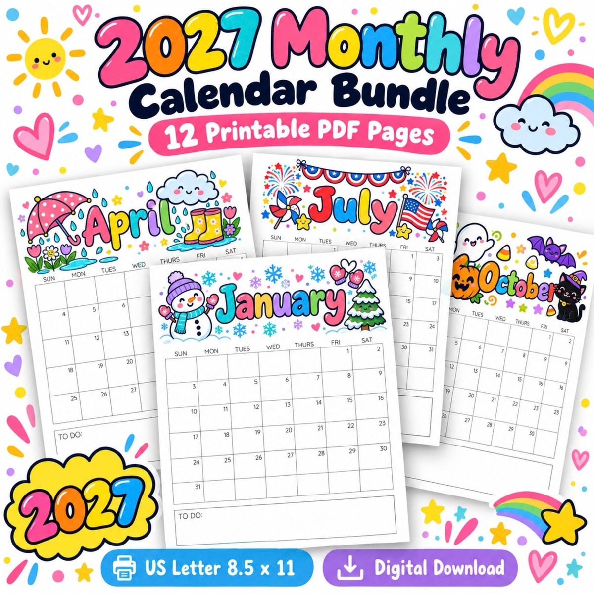 2027 Colorful Printable Calendar Bundle | 12 Seasonal Monthly Calendars