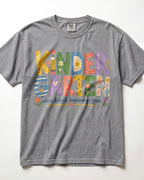 A gray t-shirt with colorful text that says "KINDERGARTEN" and "where bright beginnings grow".