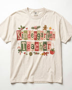 Ivory crewneck T-shirt with patchwork Christmas teacher front graphic