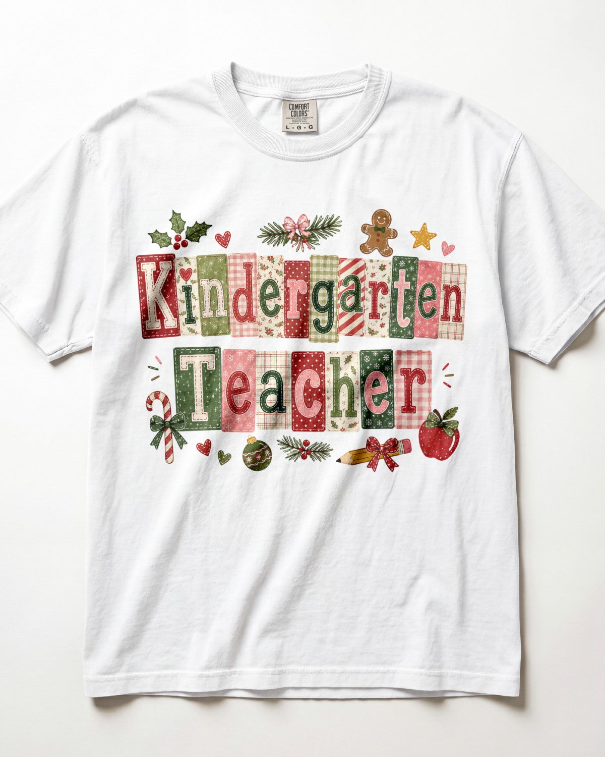 White crewneck T-shirt with patchwork Christmas teacher front graphic