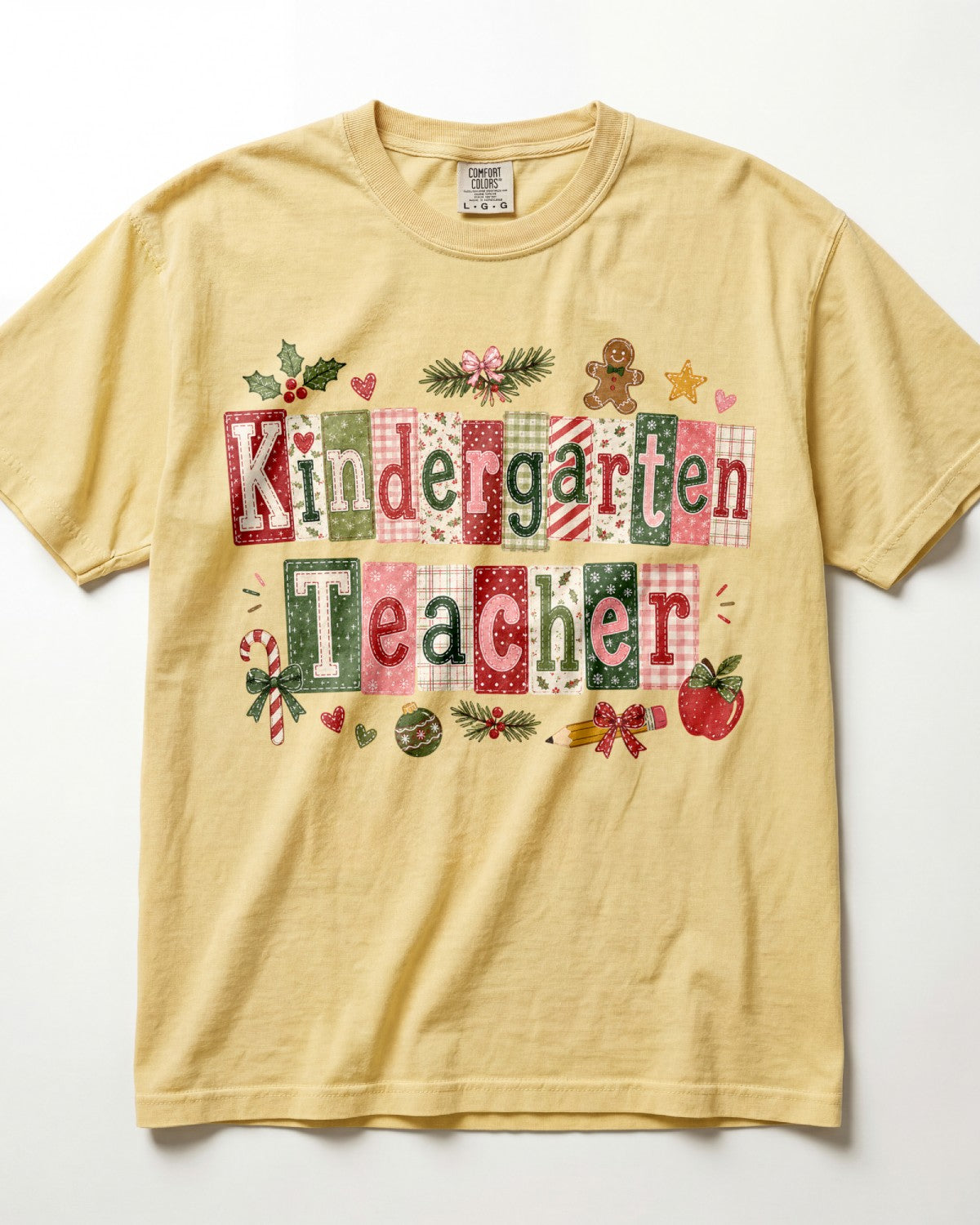 Butter yellow crewneck T-shirt with patchwork Christmas teacher front graphic