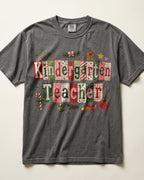 Dark gray crewneck T-shirt with patchwork Christmas teacher front graphic