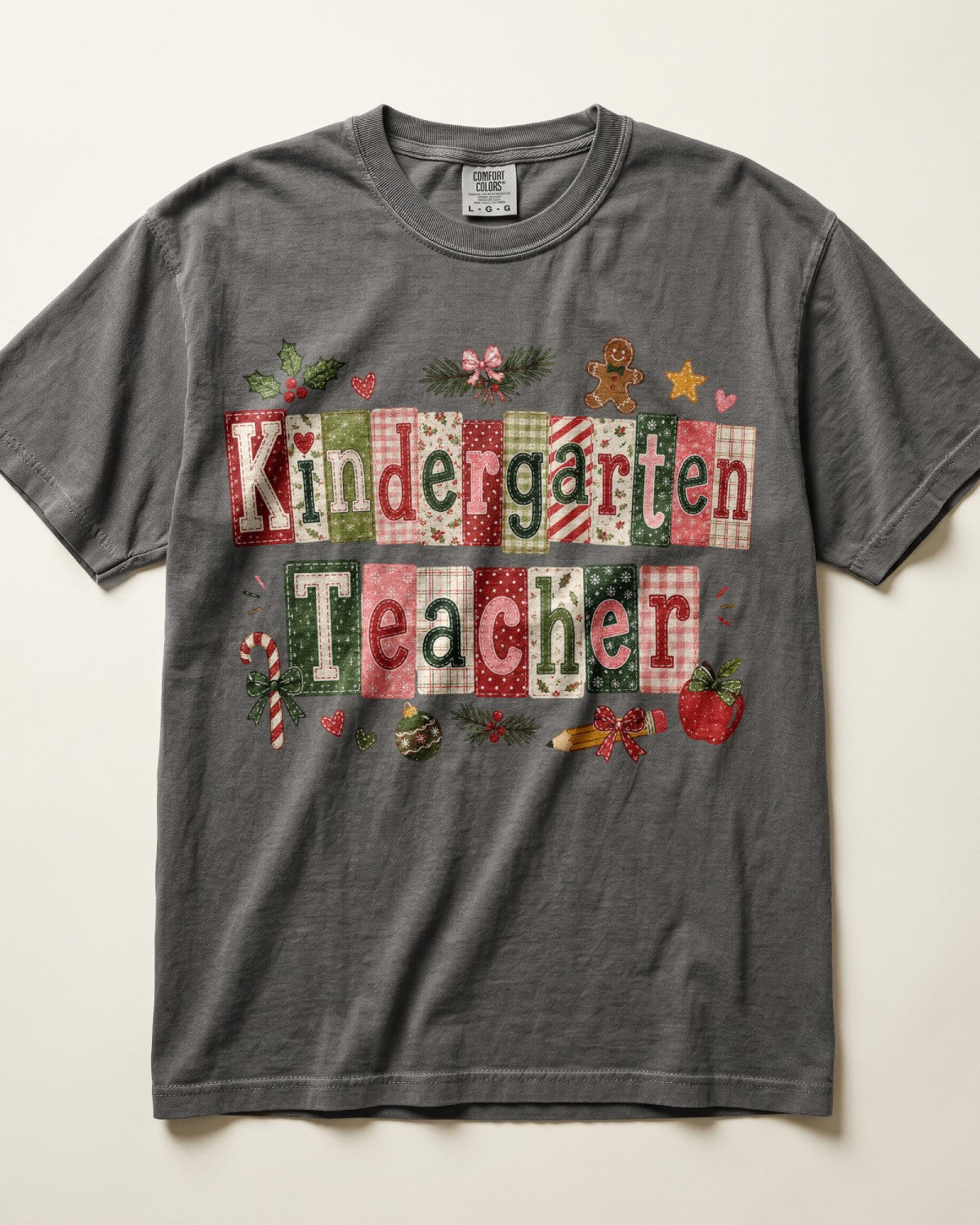Dark gray crewneck T-shirt with patchwork Christmas teacher front graphic