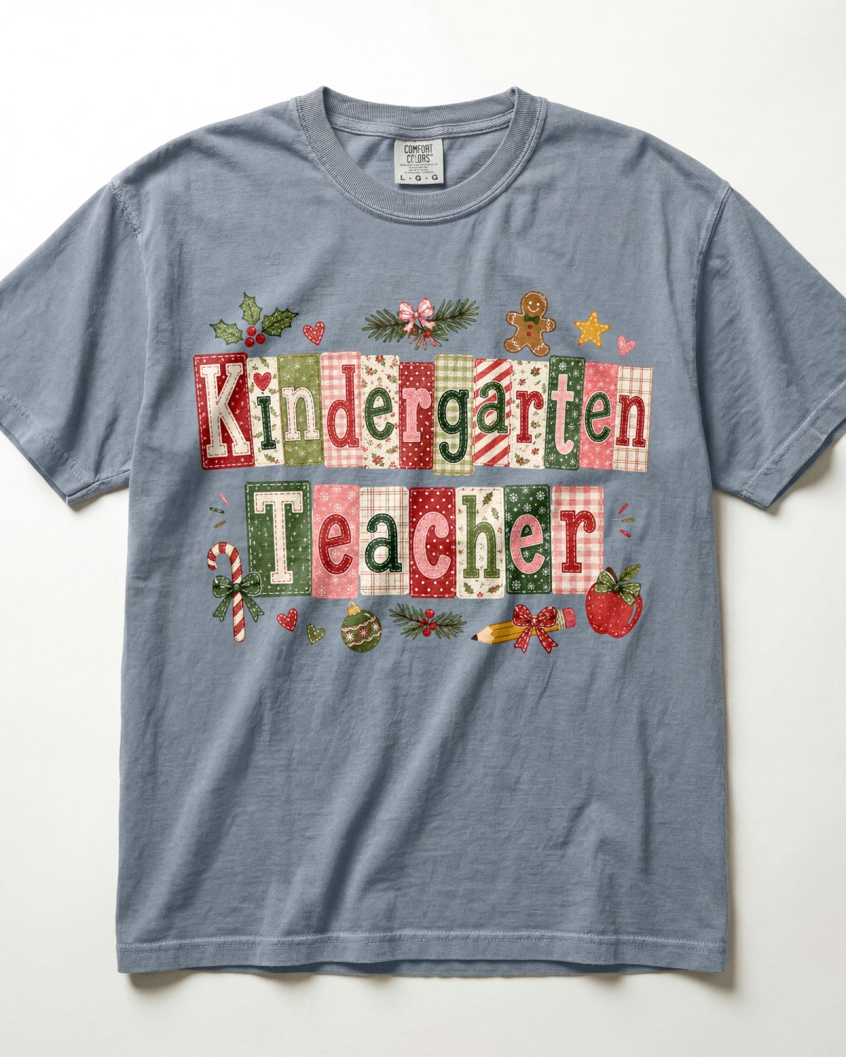 Blue-gray crewneck T-shirt with patchwork Christmas teacher front graphic