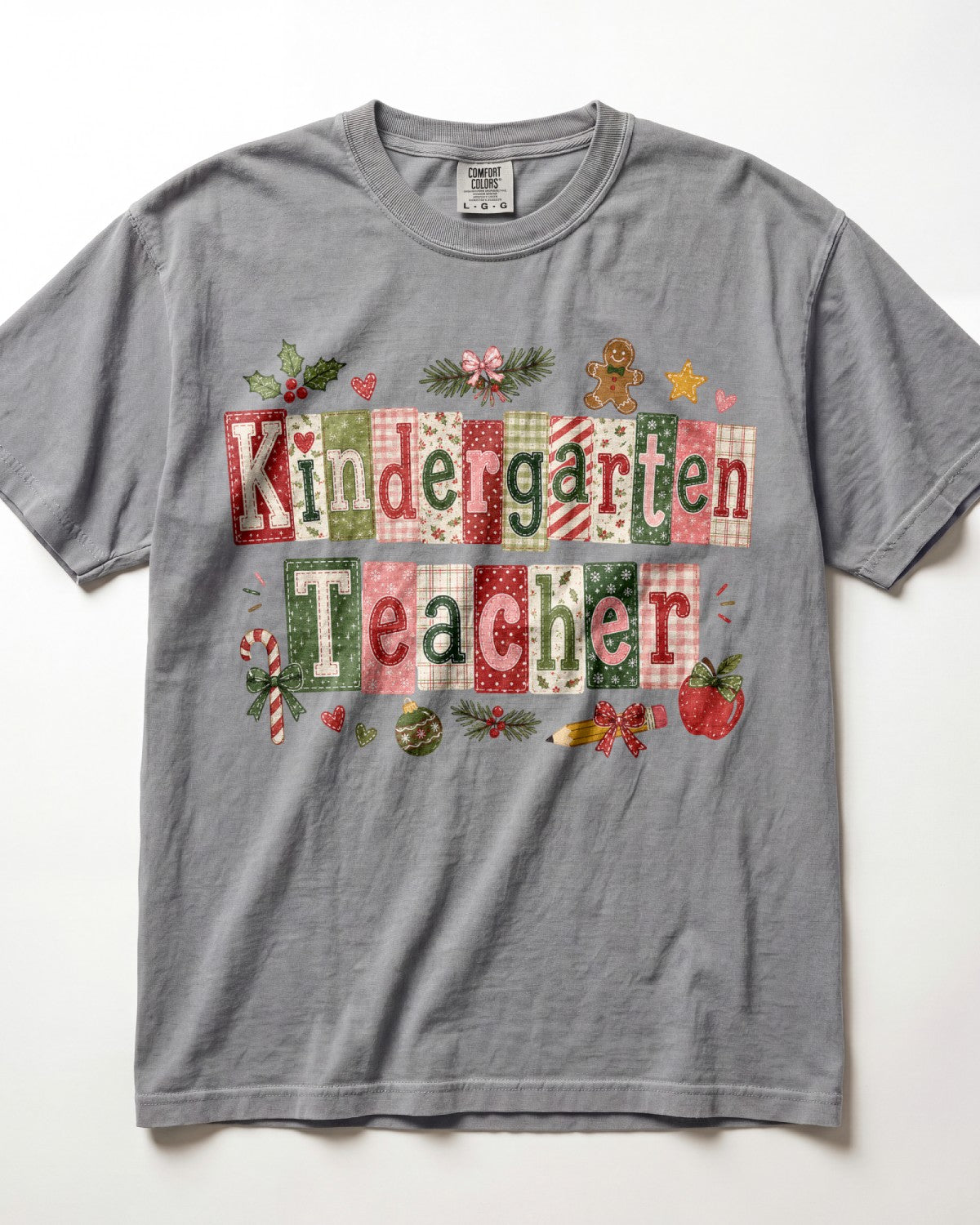 Light gray crewneck T-shirt with patchwork Christmas teacher front graphic
