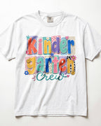 White crewneck kids T-shirt with colorful “Kinder Garten Crew” graphic print