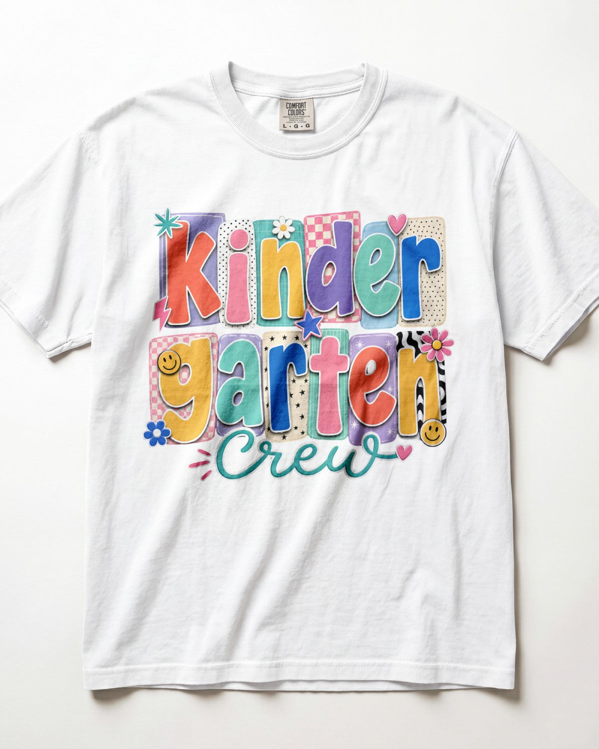 White crewneck kids T-shirt with colorful “Kinder Garten Crew” graphic print