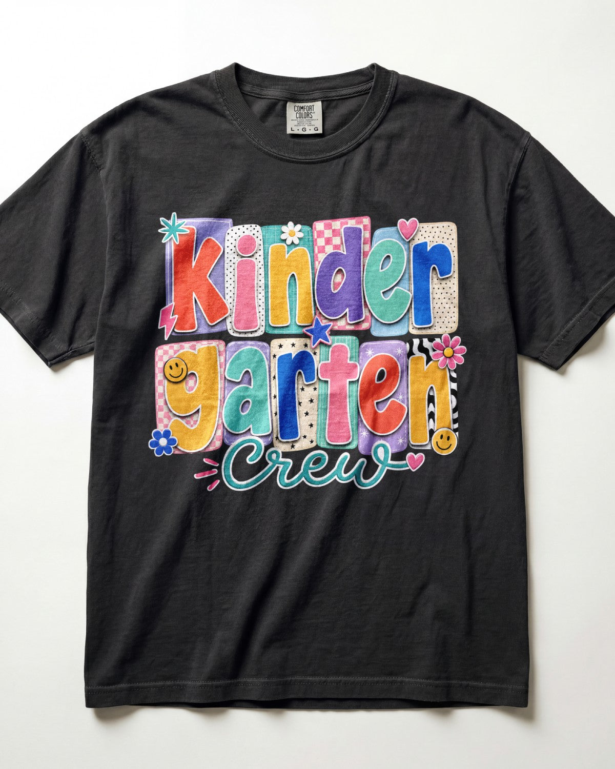 Black crewneck kids T-shirt with “Kinder Garten Crew” colorful graphic print