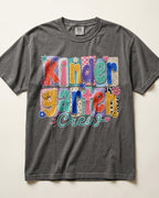 Dark gray crewneck kids T-shirt with “Kinder Garten Crew” colorful graphic print