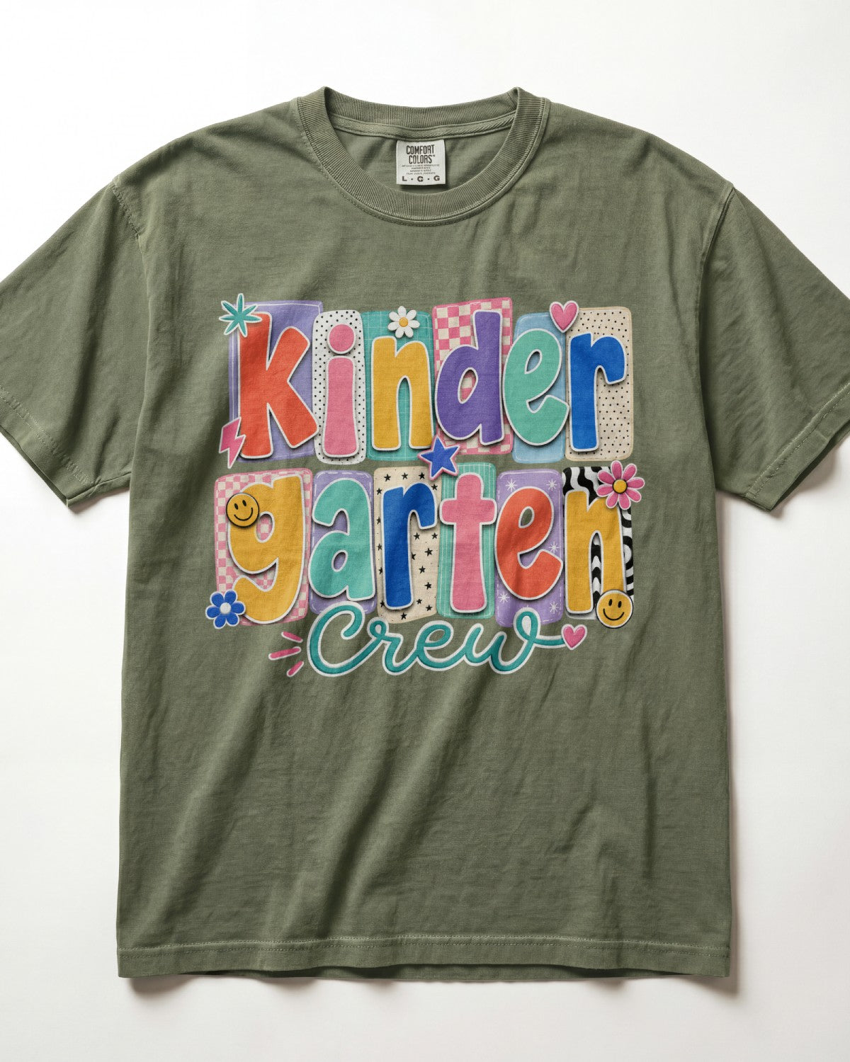 Olive green crewneck kids T-shirt with “Kinder Garten Crew” colorful graphic print