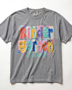 Light gray crewneck kids T-shirt with “Kinder Garten Crew” colorful graphic print