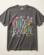 Dark gray kindergarten teacher T-shirt with colorful “Kinder Garden” graphic and pencils