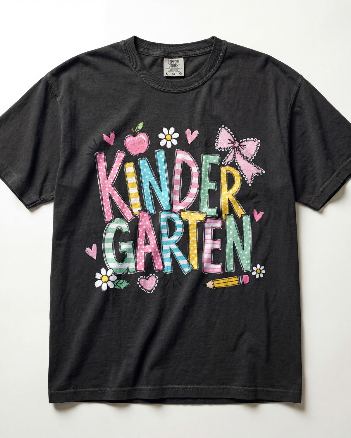Black kindergarten teacher T-shirt with colorful “Kinder Garden” graphic and pencils