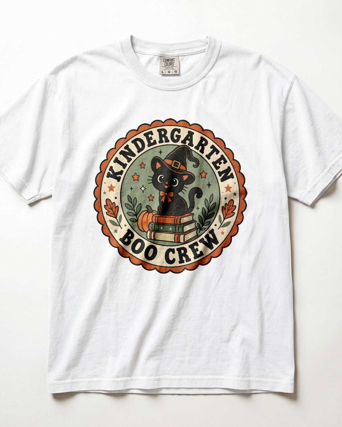 White crewneck short-sleeve T-shirt with circular “Boo Crew” kindergarten graphic front