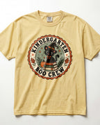Light yellow crewneck short-sleeve T-shirt with circular “Boo Crew” kindergarten graphic front