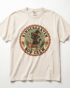 Cream crewneck short-sleeve T-shirt with circular “Boo Crew” kindergarten graphic front