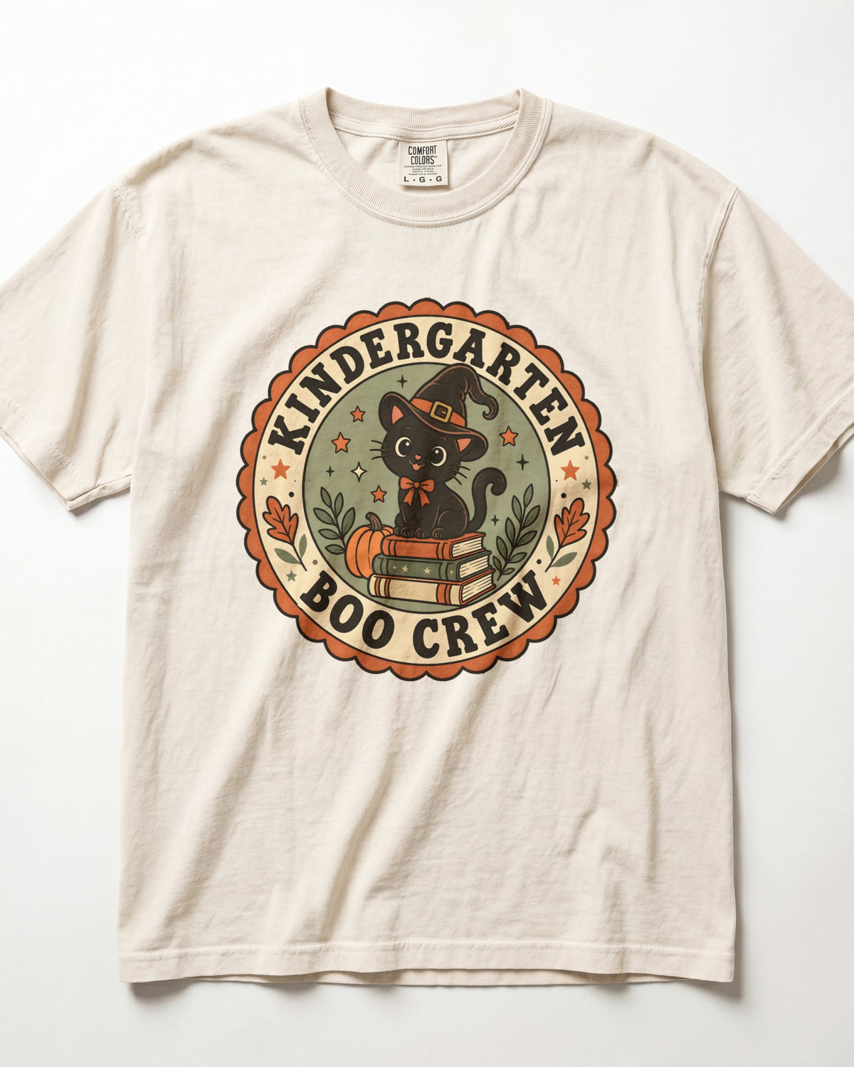 Cream crewneck short-sleeve T-shirt with circular “Boo Crew” kindergarten graphic front