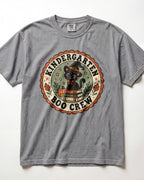 Light gray crewneck short-sleeve T-shirt with circular “Boo Crew” kindergarten graphic front