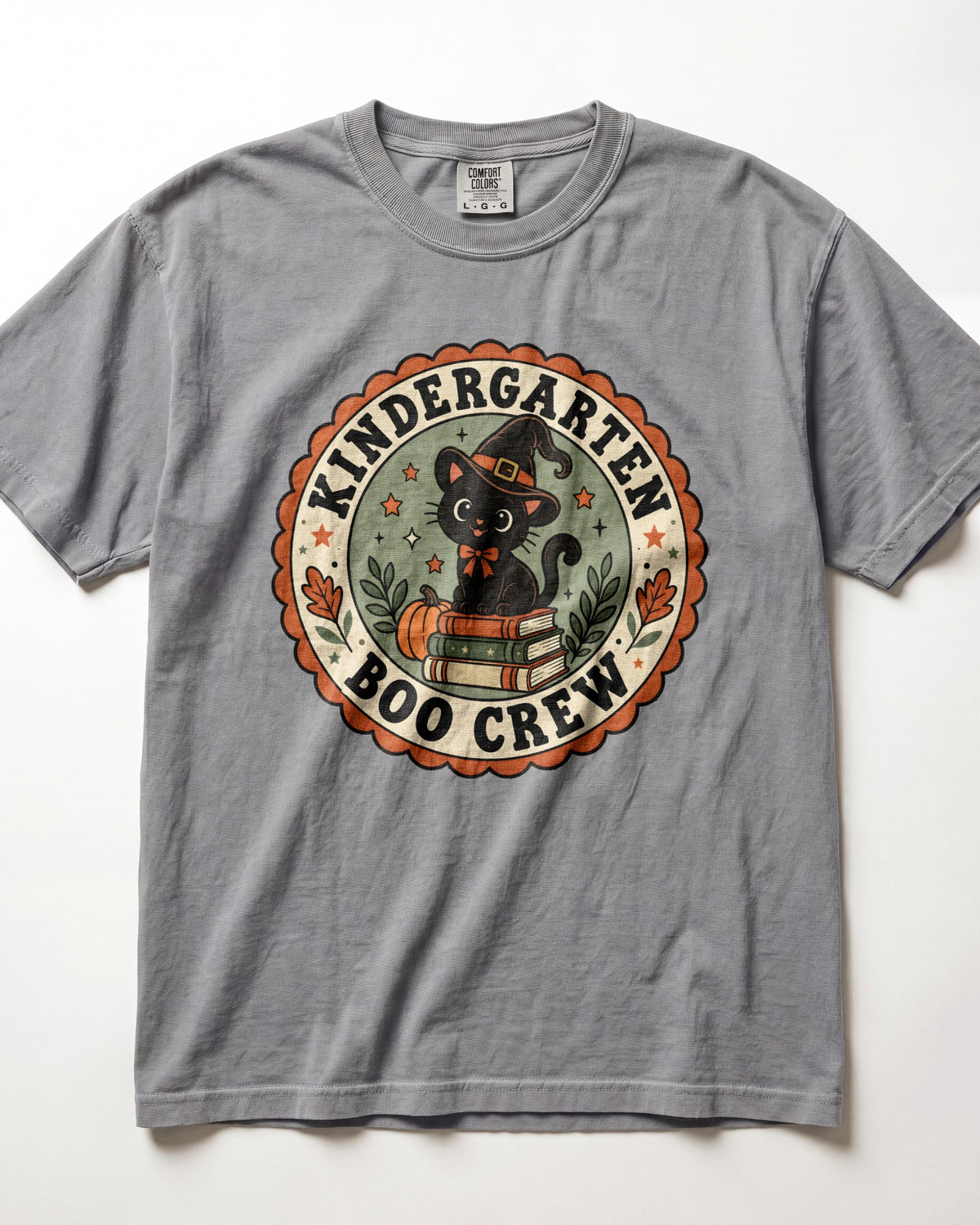 Light gray crewneck short-sleeve T-shirt with circular “Boo Crew” kindergarten graphic front