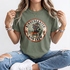 Sage green crewneck short-sleeve T-shirt with circular “Boo Crew” graphic front on model