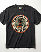 Black crewneck short-sleeve T-shirt with circular “Boo Crew” kindergarten graphic front