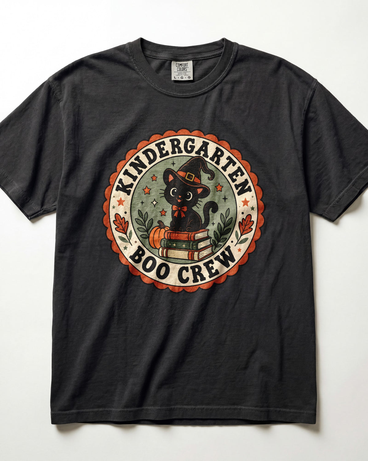Black crewneck short-sleeve T-shirt with circular “Boo Crew” kindergarten graphic front