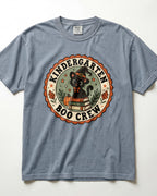 Slate blue crewneck short-sleeve T-shirt with circular “Boo Crew” kindergarten graphic front