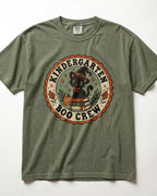 Olive green crewneck short-sleeve T-shirt with circular “Boo Crew” kindergarten graphic front